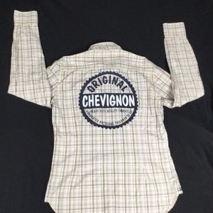 Chevignon Women Beige Plaid Long Sleeve Button Up Shirt Size M